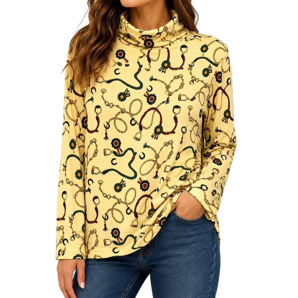 Talbots Medium Yellow Equine Gold Chain Rope Long Sleeve Blouse Shirt Top 90s